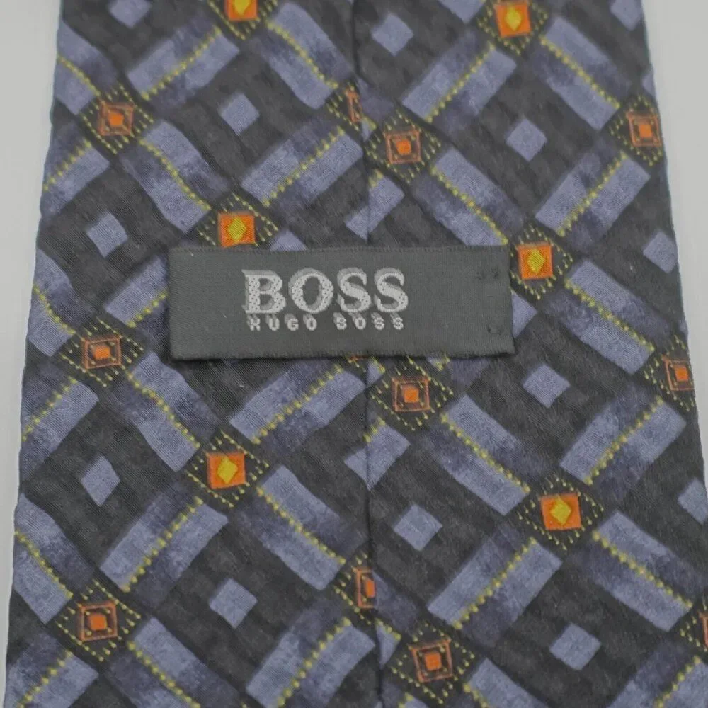 Boss‎ Hugo Boss Geometric Print Blue Black Orange Wide Silk Tie - Picture 3 of 6